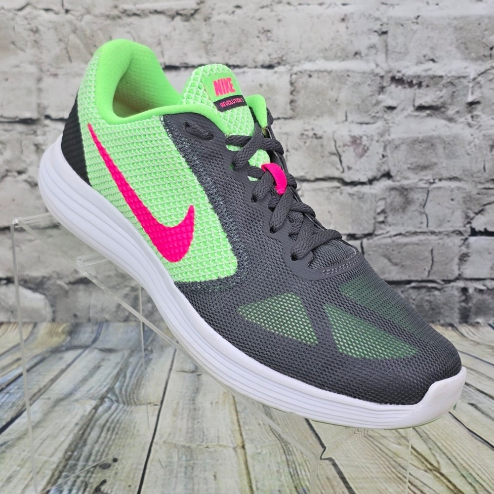 Nike Revolution 3 Running Shoes Womens 9 Grey Lime Pink 819303-300 Mesh Sneakers